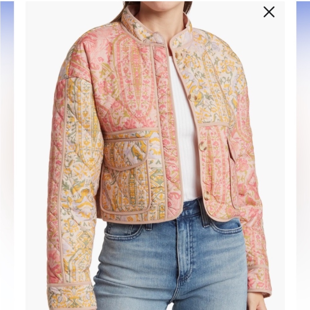Avec Les Filles Pink and Yellow Floral quilted Bomber Jacket